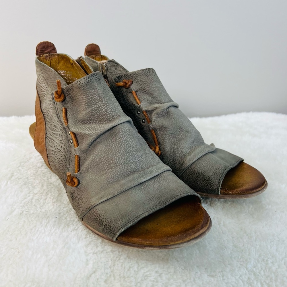 Miz Mooz Gray and Brown Open-Toe Ankle Booties